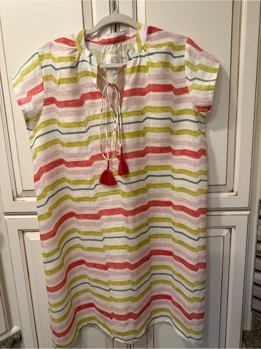 Pomegranate 100% Linen Tunic Dress Multicolor Stripe Tie Neck Resort Wear SZ M